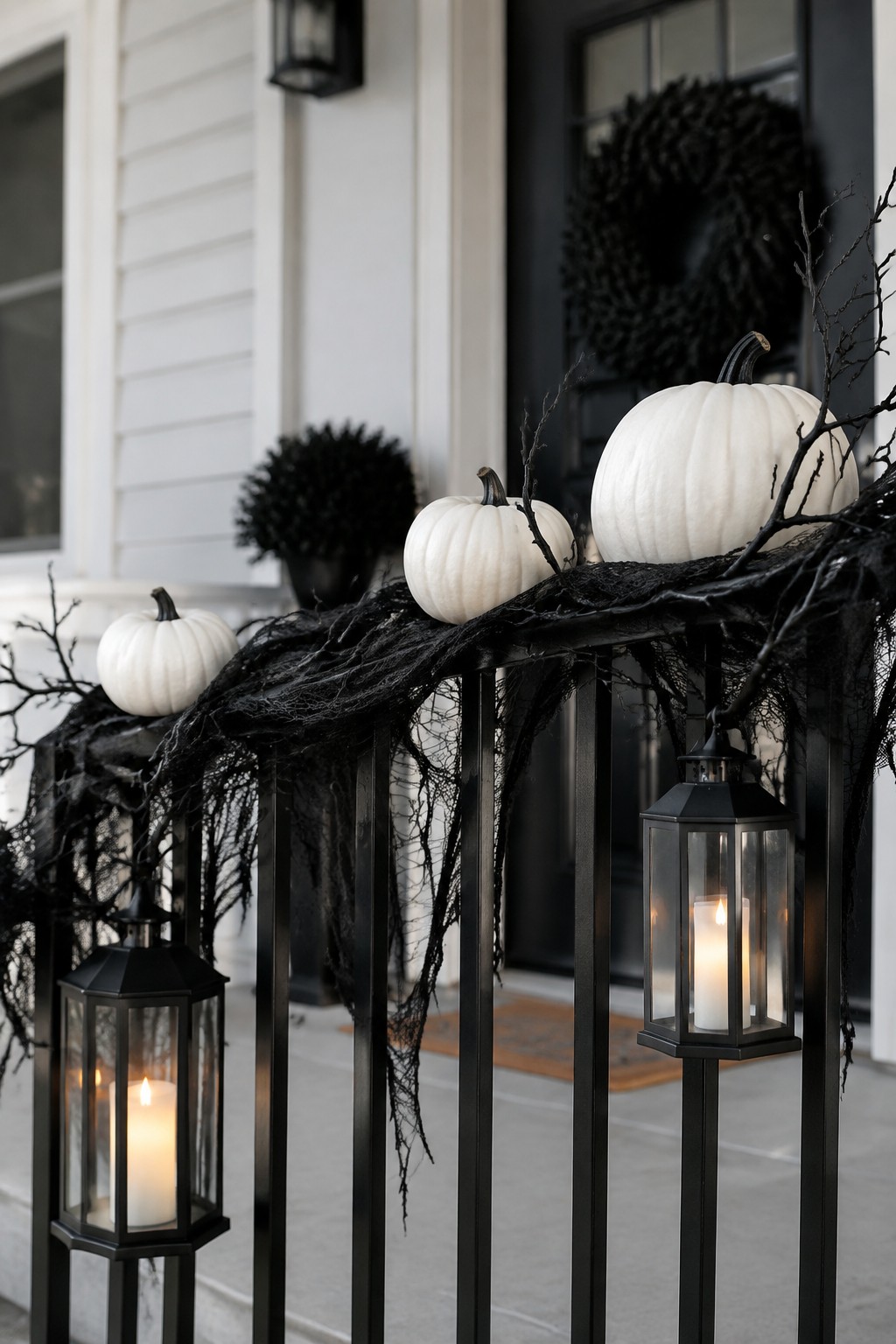 Front porch with black webbing draped over a dark railing, white pumpkins, and black lanterns with lit candles.