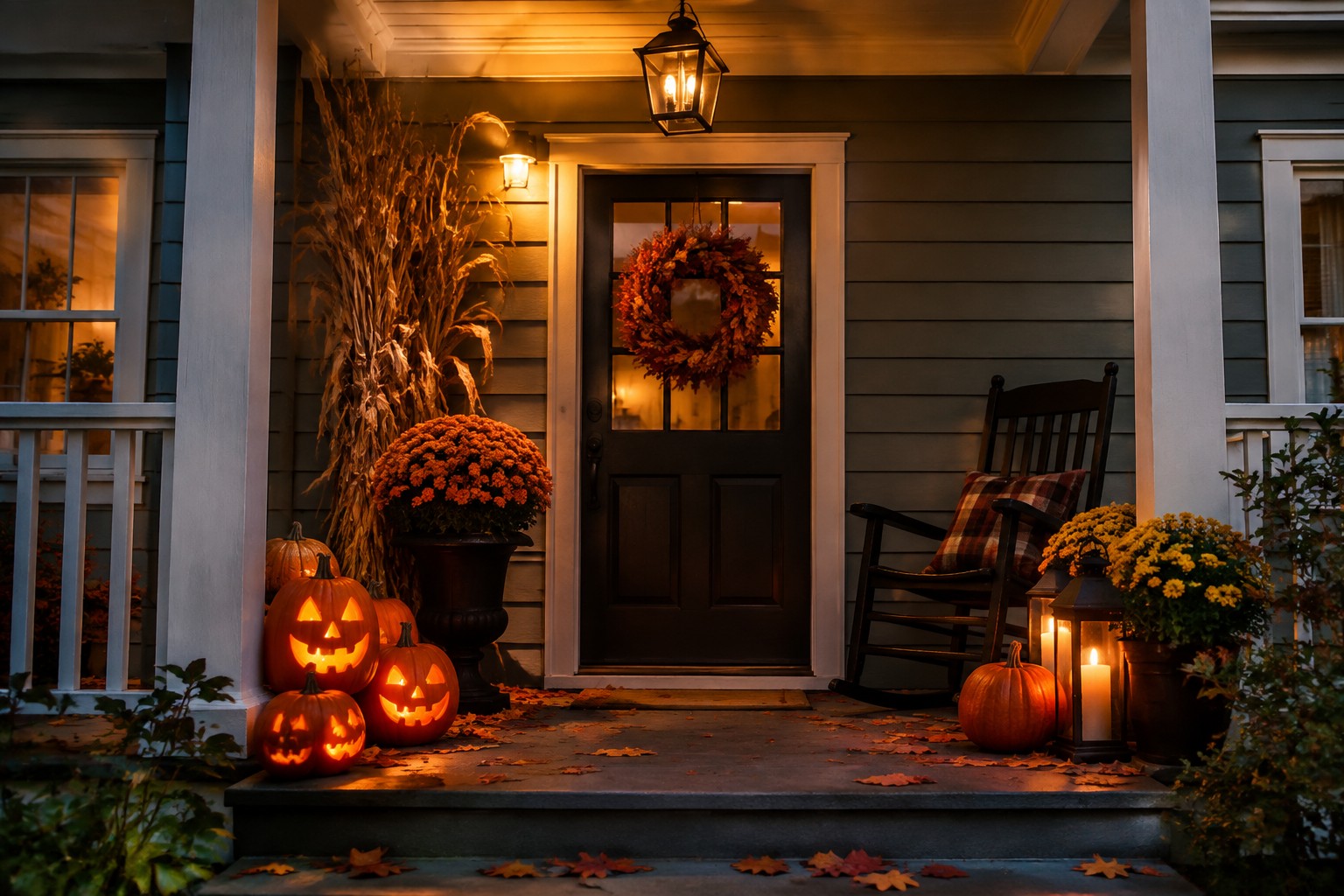 Front porch at dusk with several lit jack o lanterns placed on the concrete steps and near the door, surrounded by small lanterns and autumn plants.