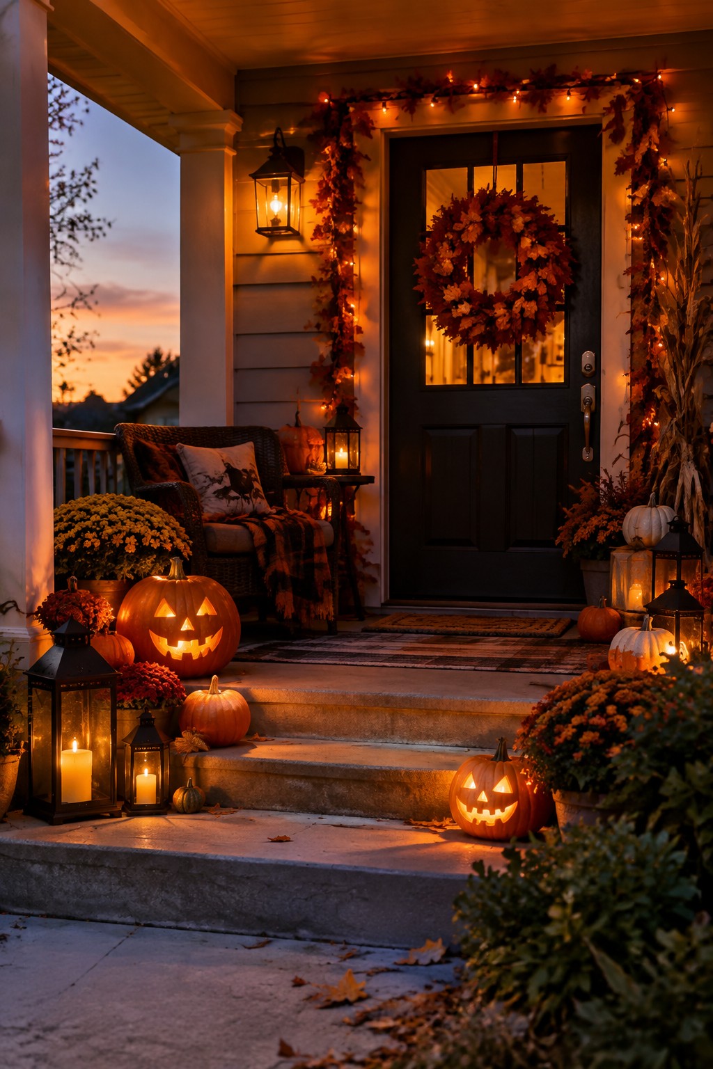 Front porch at dusk with several lit jack o lanterns placed on the concrete steps and near the door, surrounded by small lanterns and autumn plants.