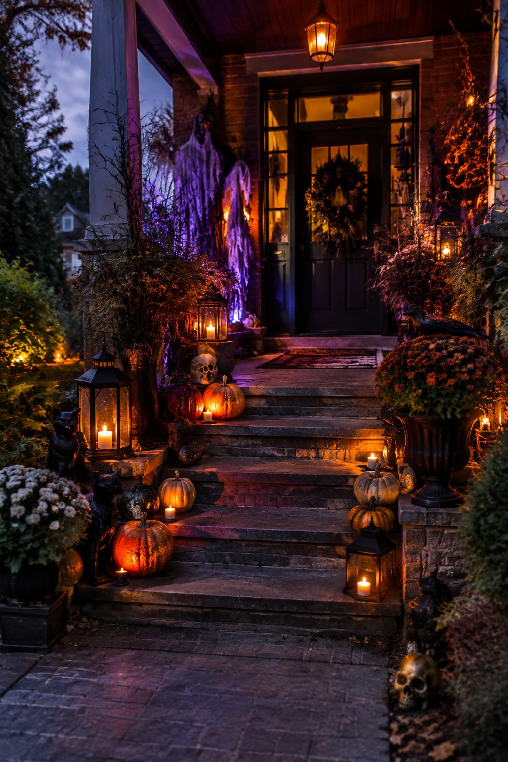 Front porch at dusk with hanging white ghosts, pumpkins, black lanterns, and skulls arranged on the steps and around a dark front door.