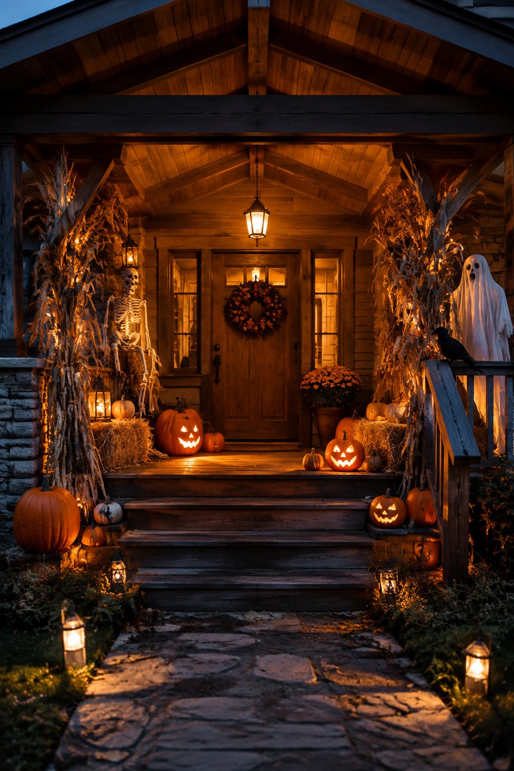 Front porch decorated with a skeleton among corn stalks on the left, a ghost figure on the right, and several carved glowing jack-o'-lanterns on the steps and landing.