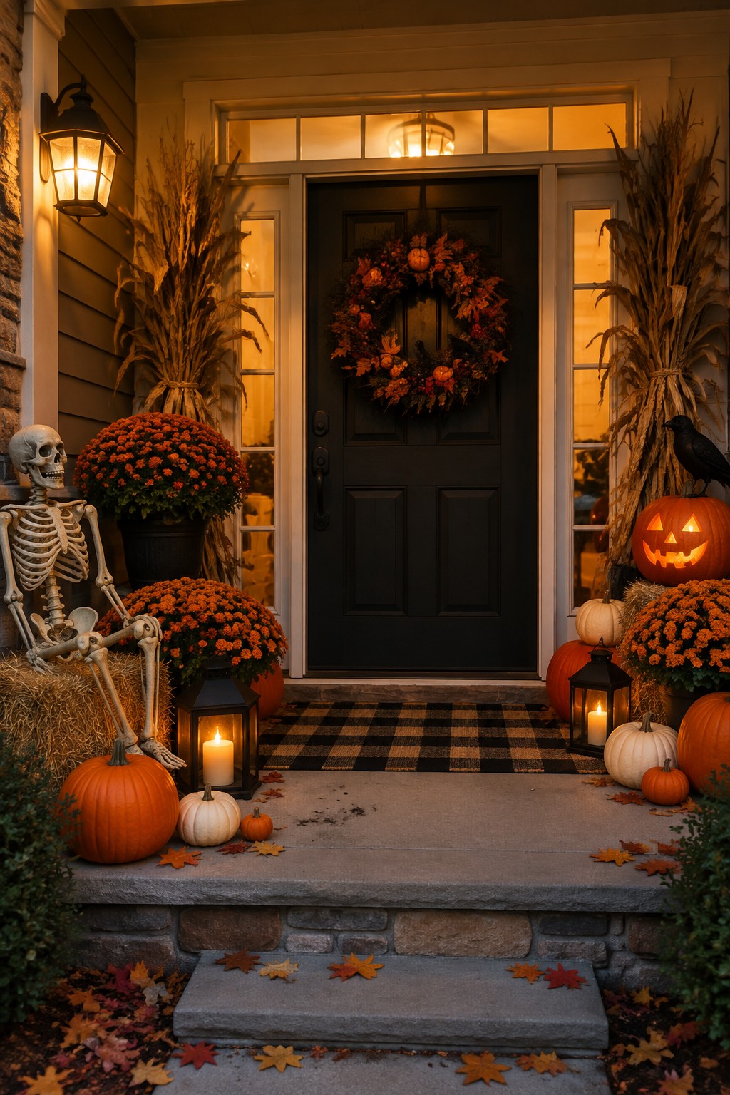 Front porch featuring a decorative skeleton posed beside pumpkins and lanterns in front of a black door with a wreath.