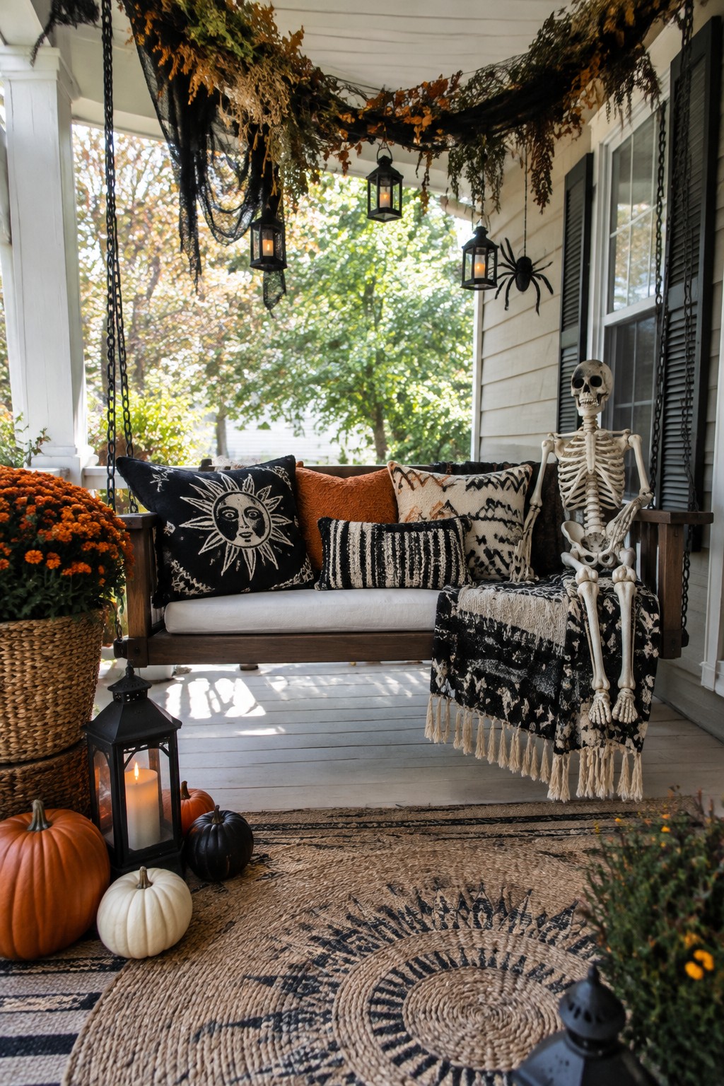 Front porch swing with a seated skeleton, black and white pillows, a fringed throw, hanging lanterns, and a large spider against the house siding.