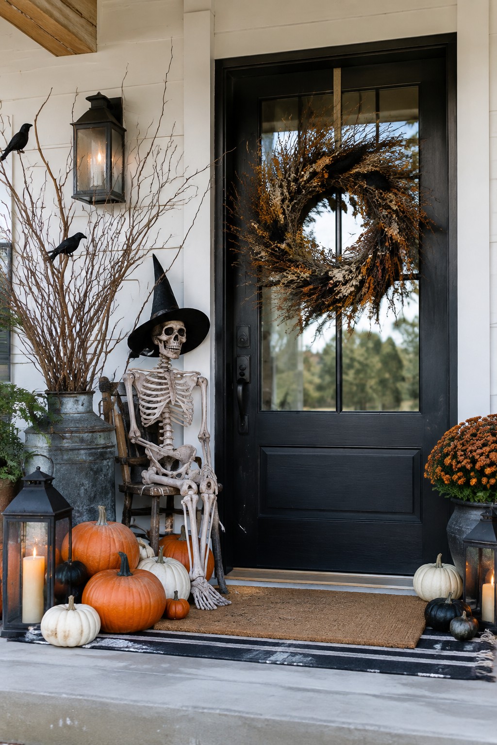 Witch skeleton seated on chair amid pumpkins, lanterns, and autumn wreath on black door