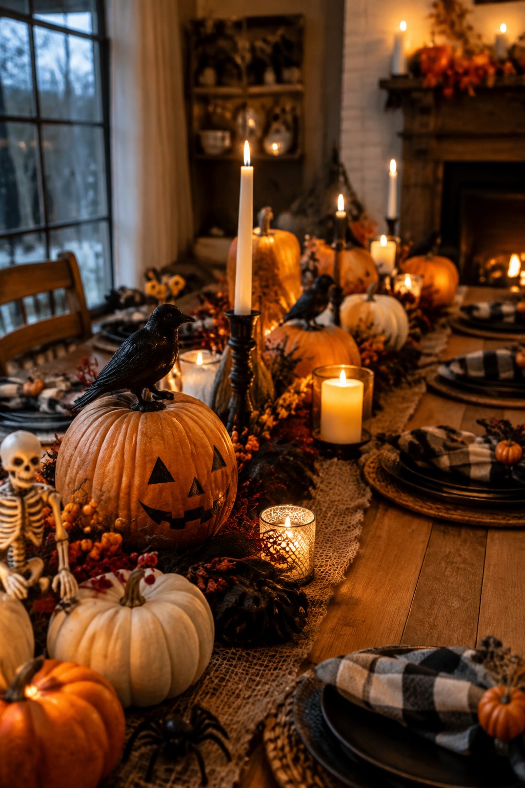 Halloween table with carved pumpkin, black crow, lit candles, and skeleton figurine.