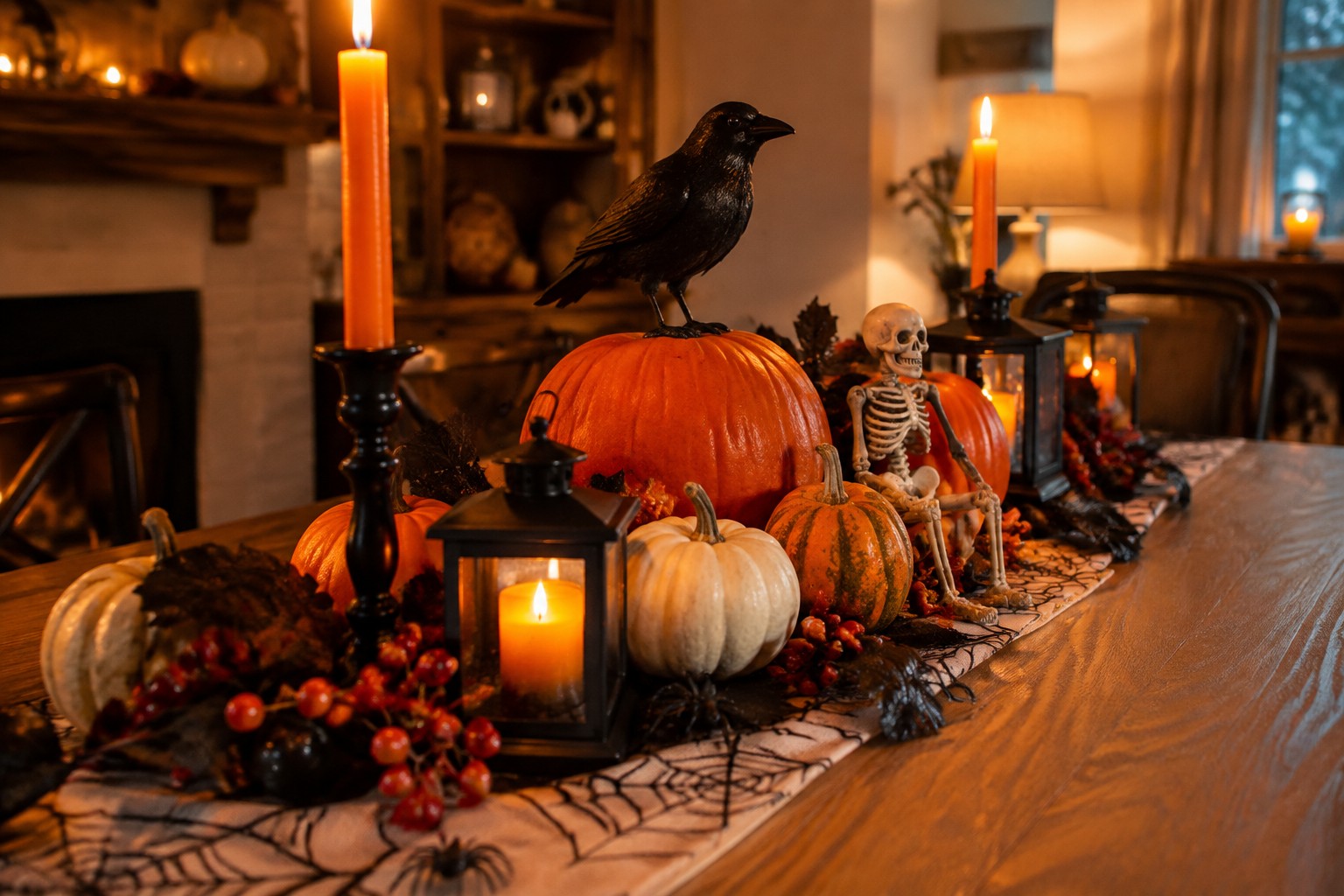 Halloween table with carved pumpkin, black crow, lit candles, and skeleton figurine.