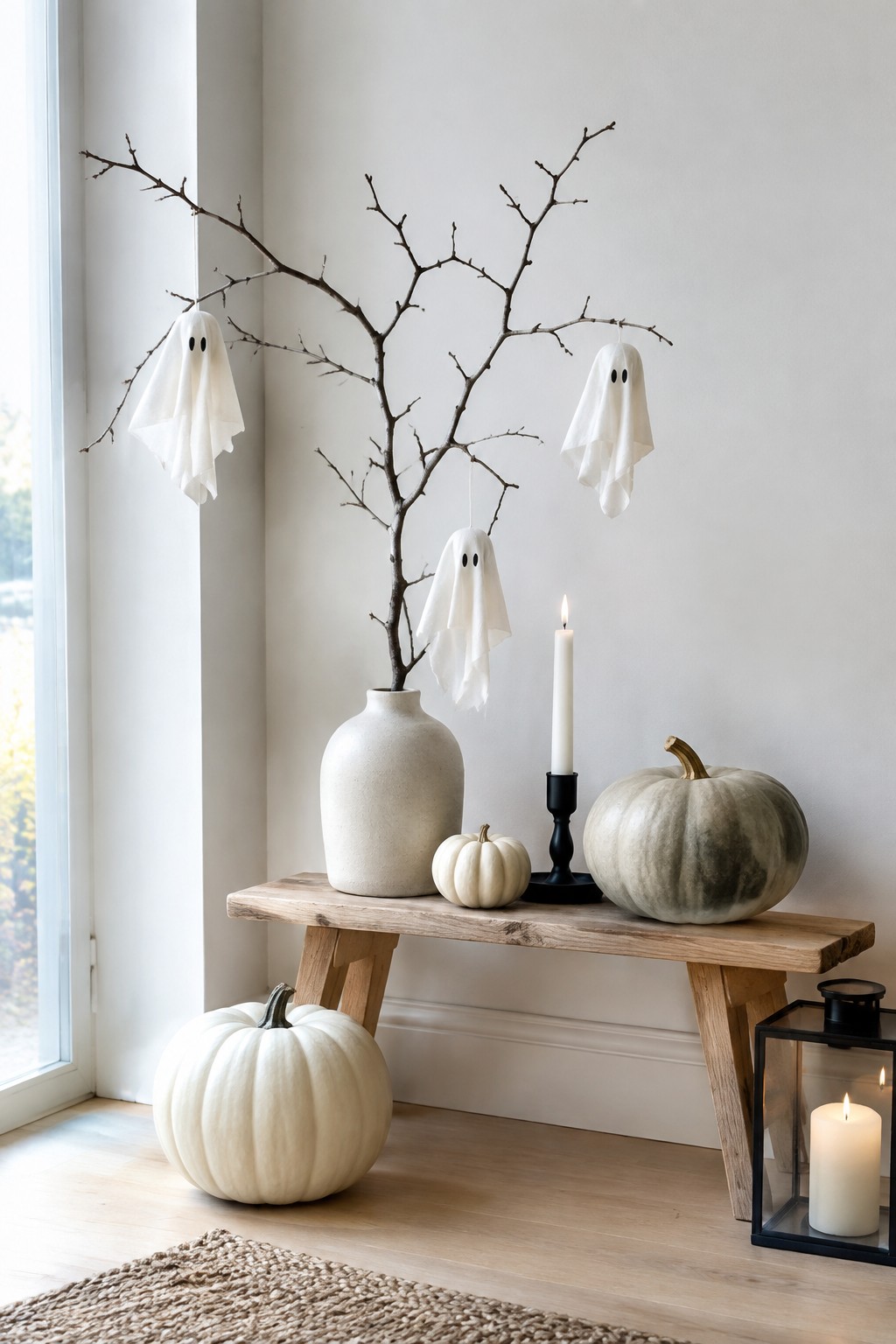 Minimalist wooden bench with hanging ghosts, white pumpkins, lit candles, and vase.