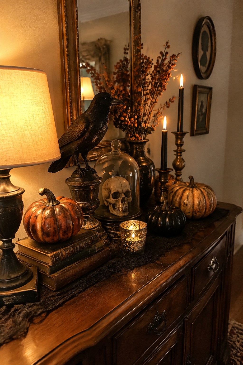 Dark wood console table styled with a black crow statue, a skull under a glass cloche, black candles, and small pumpkins.