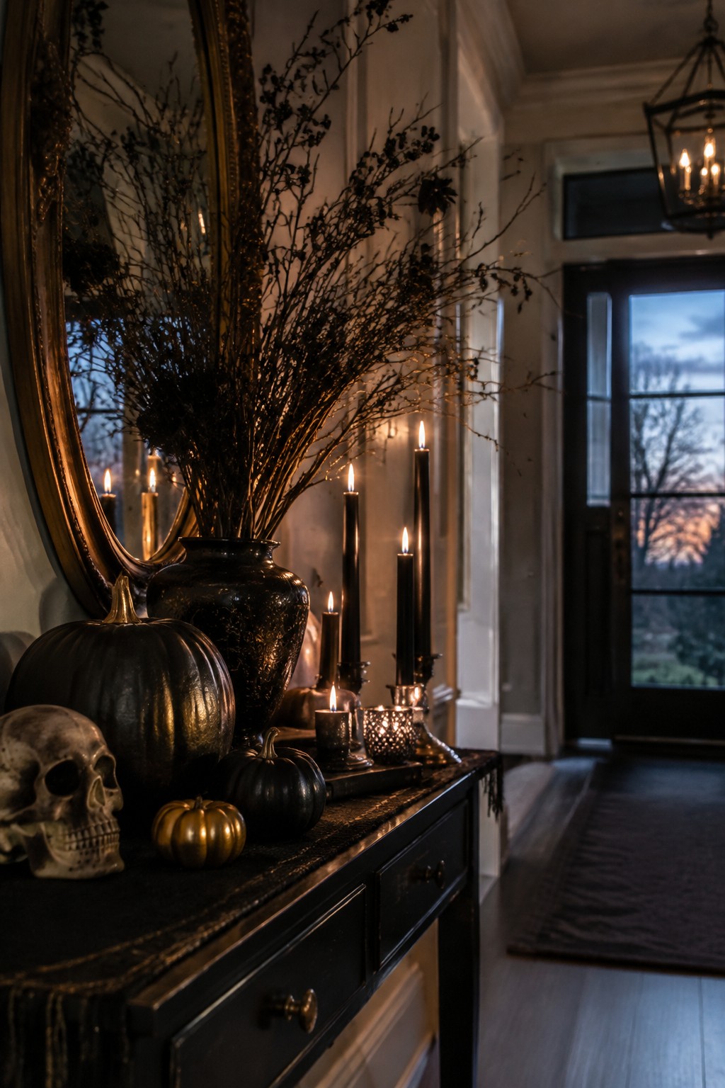 Dark console table with black pumpkins, skull, lit candles, and dried branches in foyer
