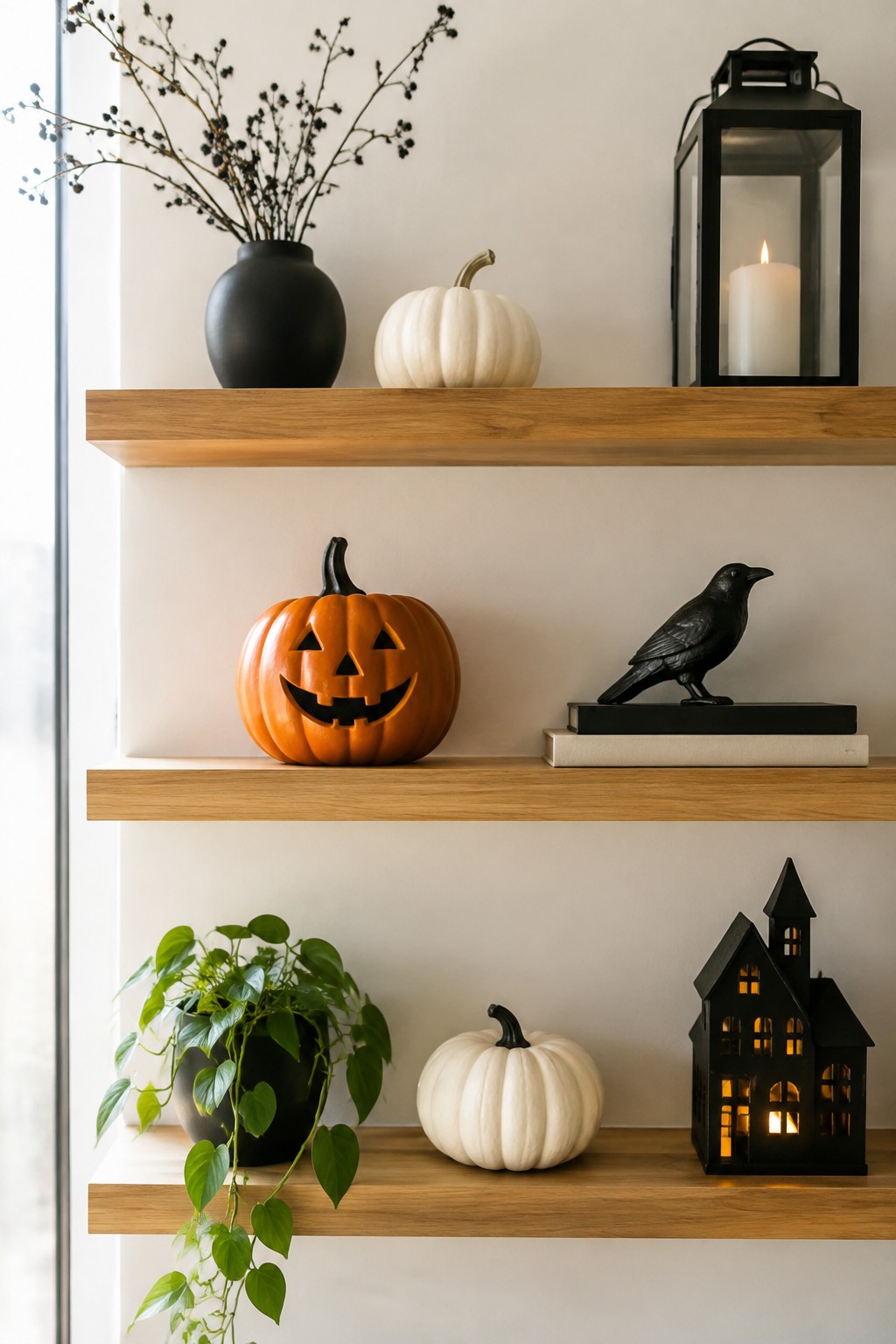 Three wooden shelves holding an orange jack-o'-lantern, white pumpkins, a black crow figurine, a lit black lantern, and a glowing black haunted house.
