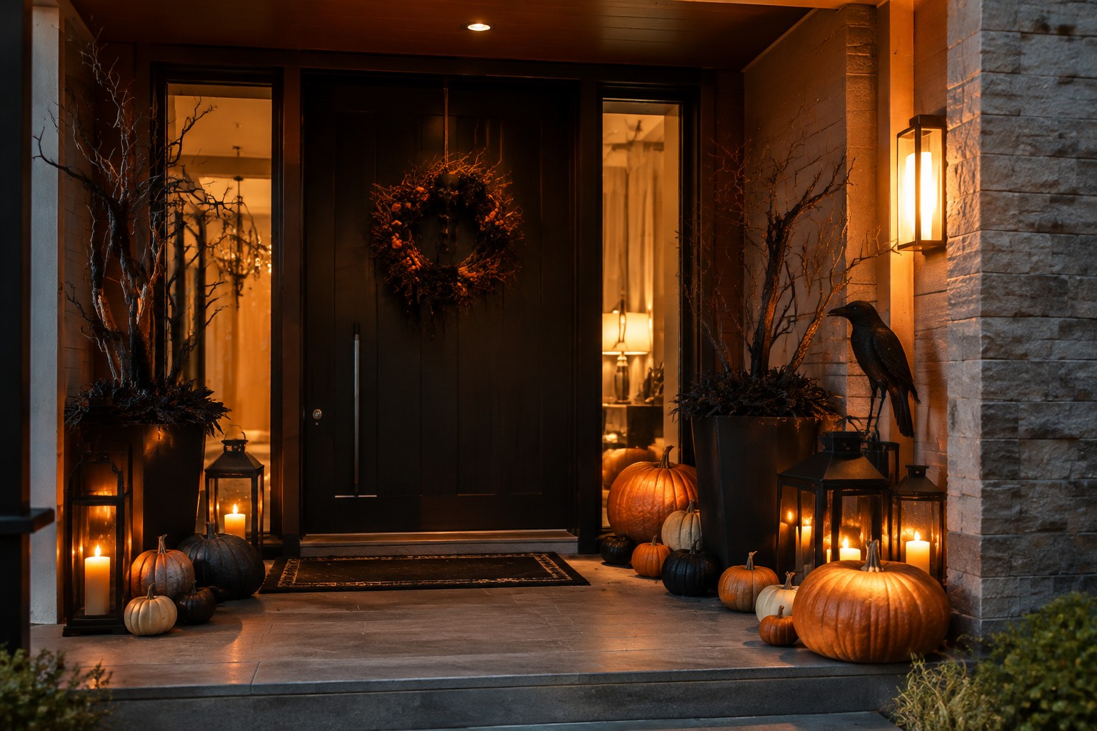 Black front door with a large dark wreath holding a crow, surrounded by carved jack o lanterns and lanterns on the steps.