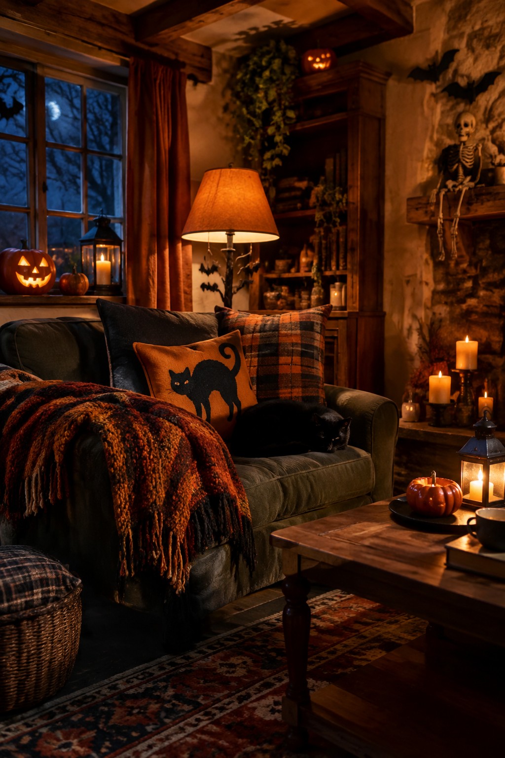 Black cat sleeping on green couch in cozy Halloween room with pumpkins and candles