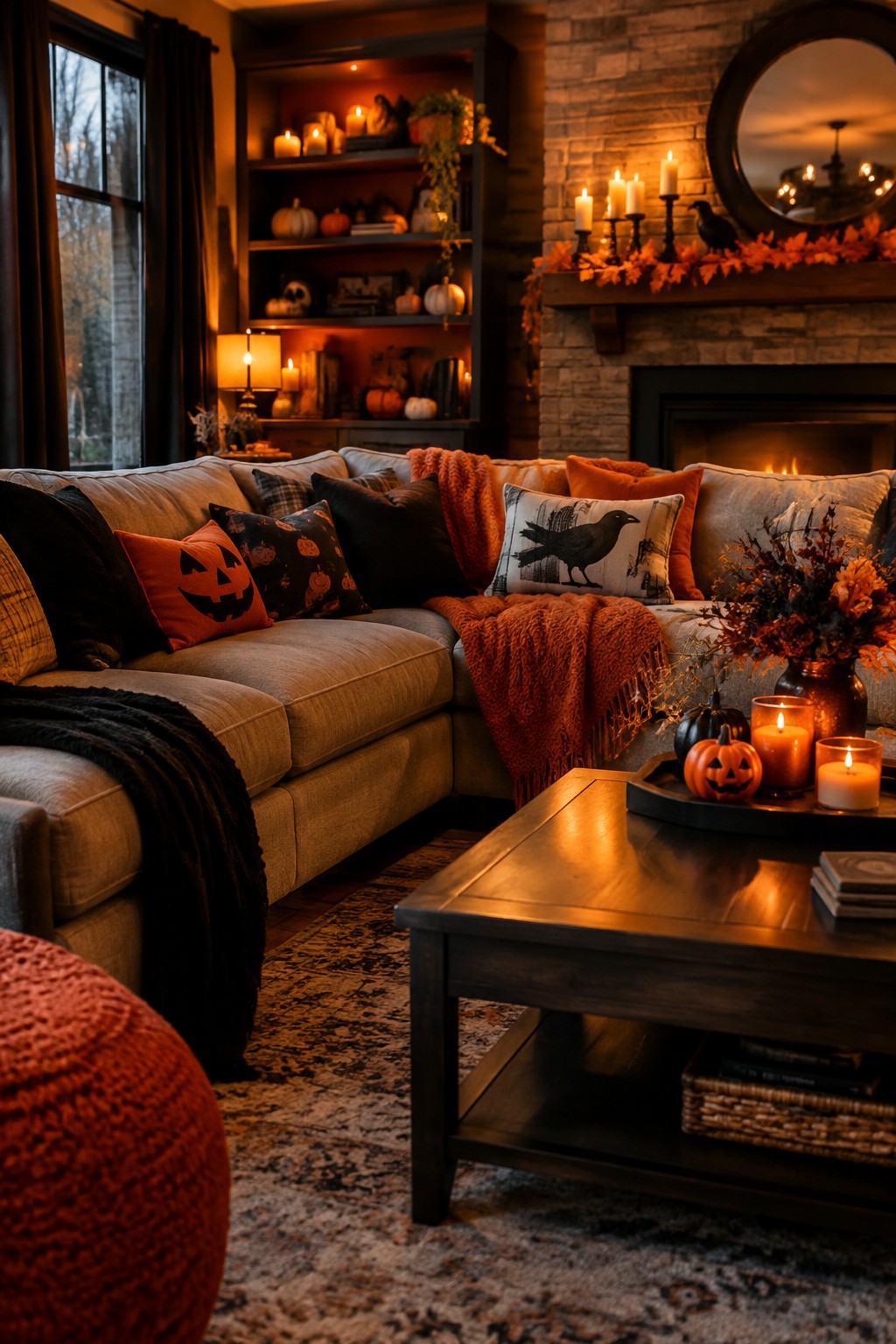 Cozy living room sectional sofa with jack o lantern and crow pillows, dark wood coffee table holding a tray of small carved pumpkins and candles, and a stone fireplace mantel decorated with an orange leaf garland and lit candles.