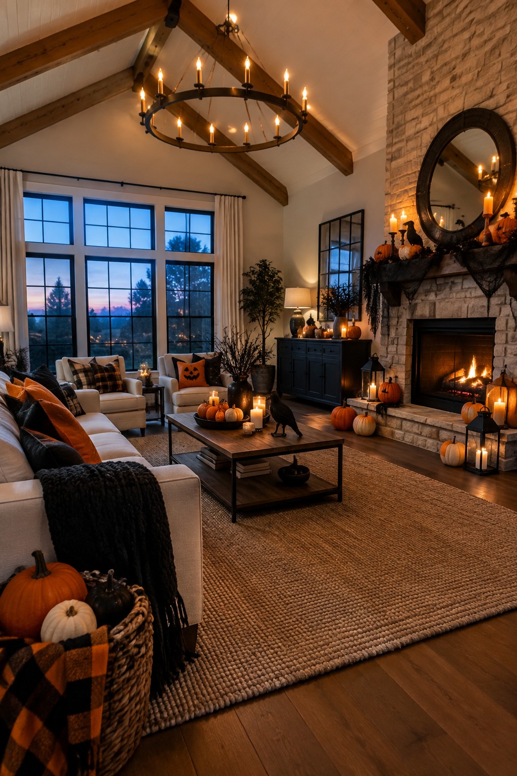 Cozy living room with stone fireplace, pumpkins, sofas, and lit chandelier at dusk.