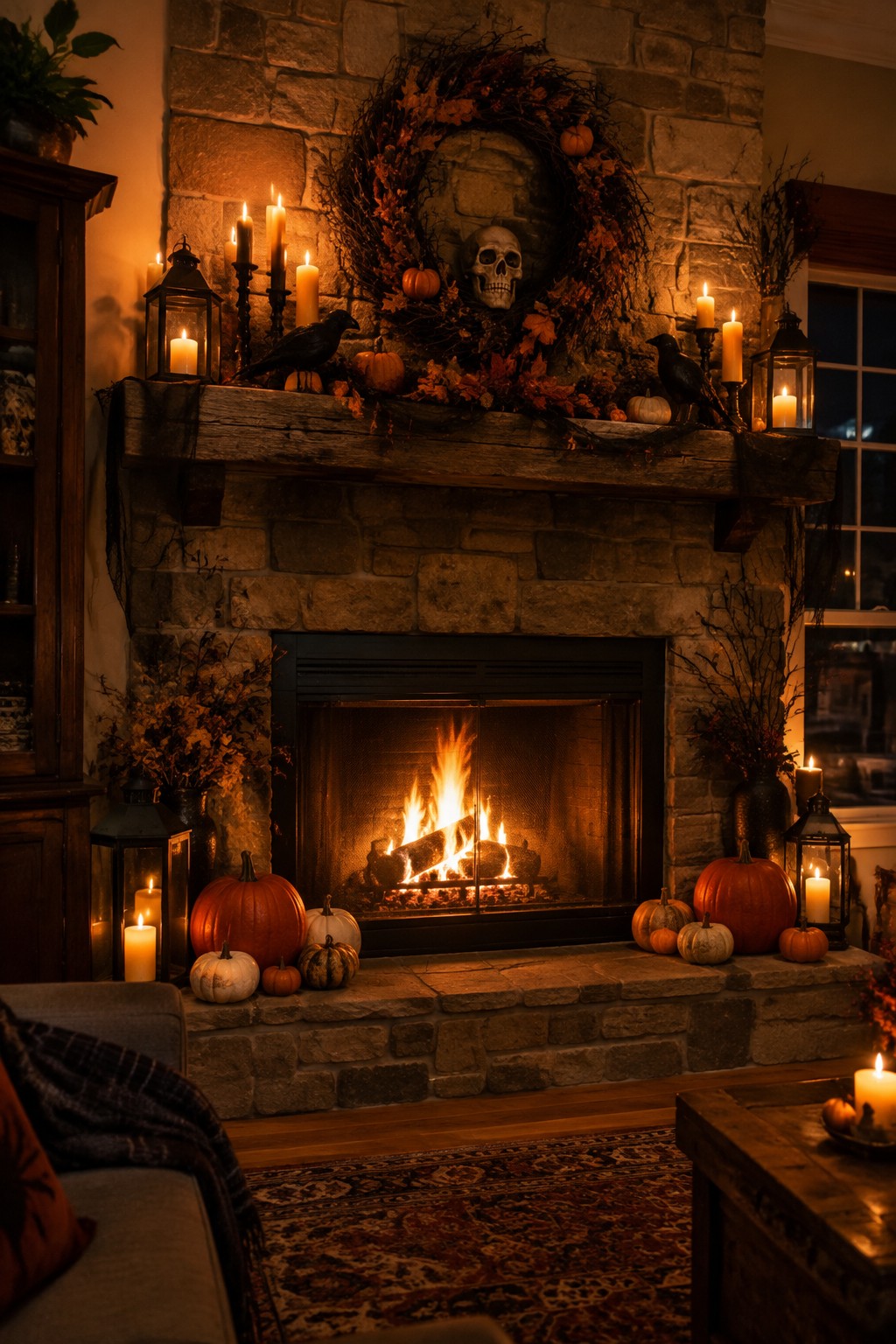 Stone fireplace mantel decorated with a large wreath containing a skull, black crows, candles in lanterns, and small pumpkins along the hearth.