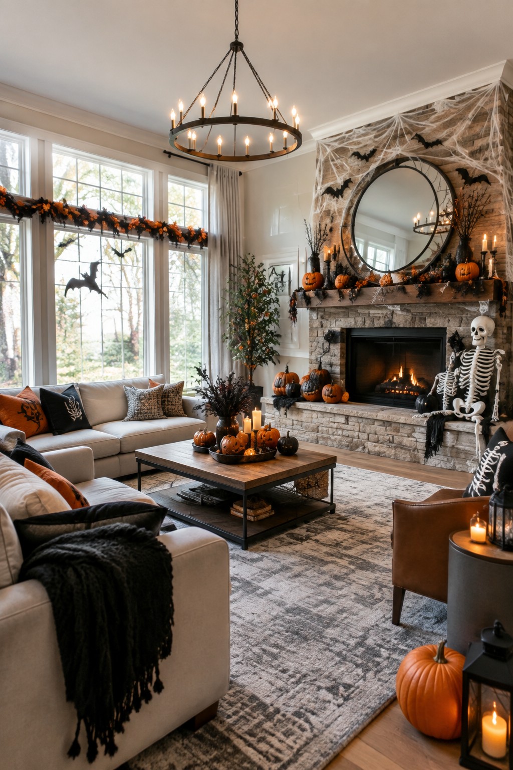 Living room fireplace mantel styled with white spiderwebs, black bats, pumpkins, candles, and a seated skeleton for Halloween.
