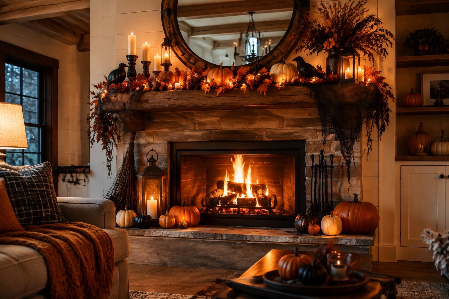 A stone fireplace mantel decorated with carved jack-o'-lanterns, glowing string lights in autumn leaf garland, black crows, and candles.