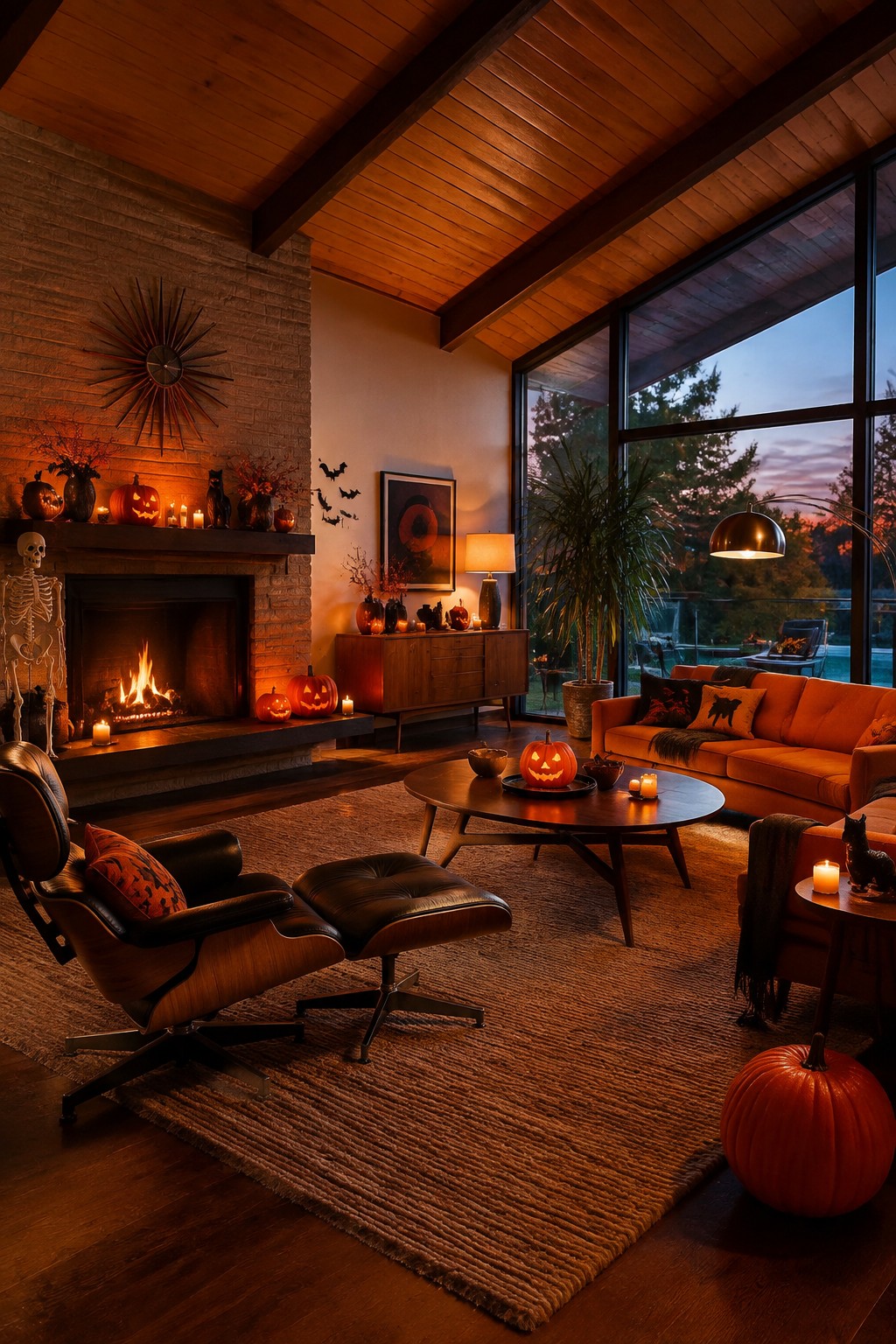 Cozy Halloween living room with pumpkins, fireplace, skeleton, orange sofa, and leather chair