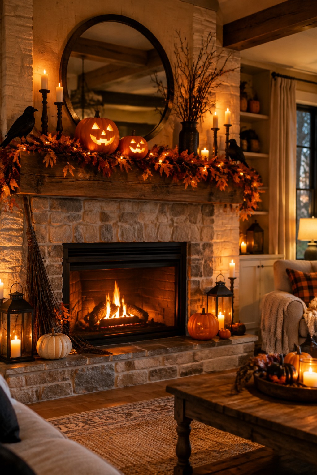 A stone fireplace mantel decorated with carved jack-o'-lanterns, glowing string lights in autumn leaf garland, black crows, and candles.