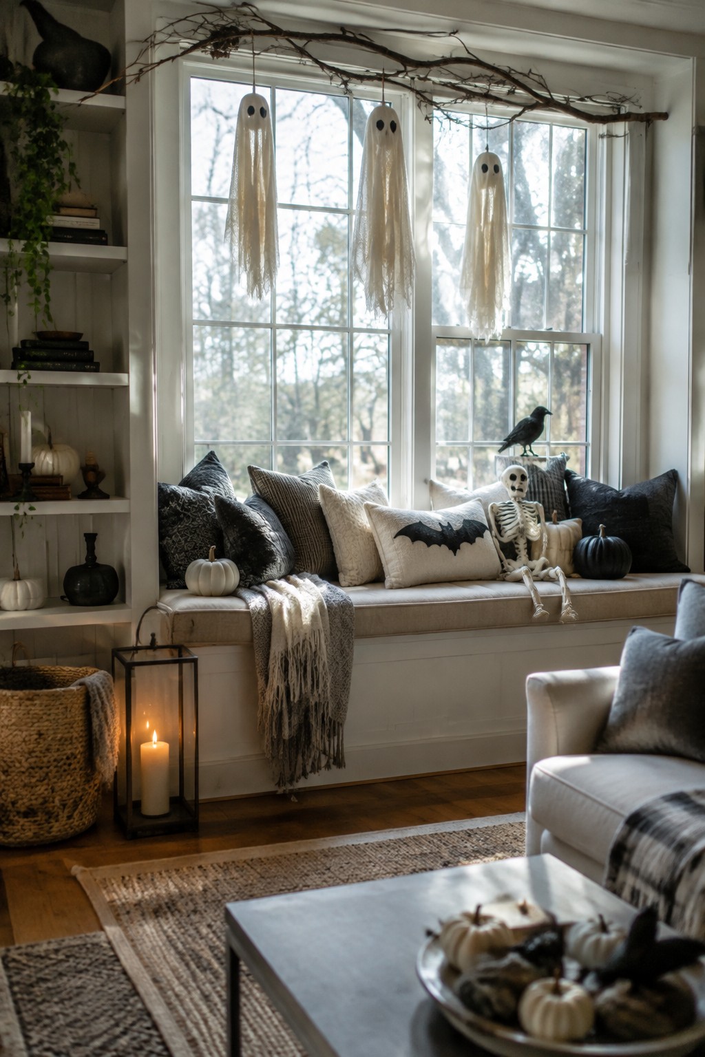 Living room window seat with three white fabric ghosts hanging from a branch across the window, a decorative skeleton seated on the bench, and neutral pillows and pumpkins.