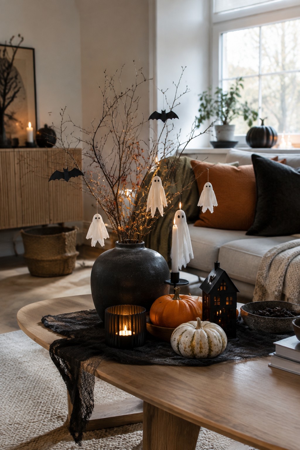 Halloween coffee table with black vase, pumpkins, lit candles, ghosts and bats
