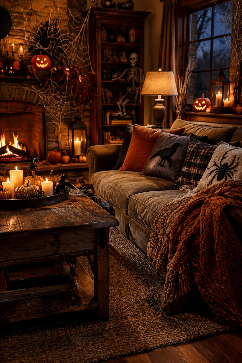 Living room sofa with spider and crow Halloween pillows, spiderwebs on the mantel, a skeleton on the bookshelf, and carved pumpkins near the fireplace.