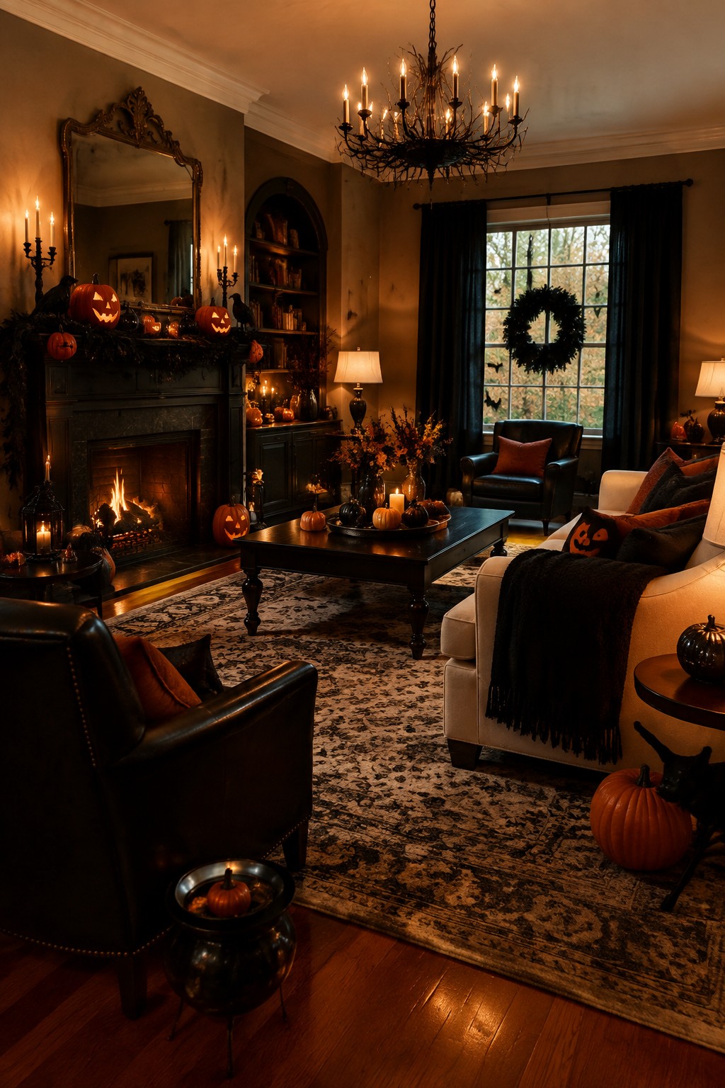 Living room with a dark mantel covered in carved jack o lanterns, garland, candles, and small crows, next to a lit fireplace.