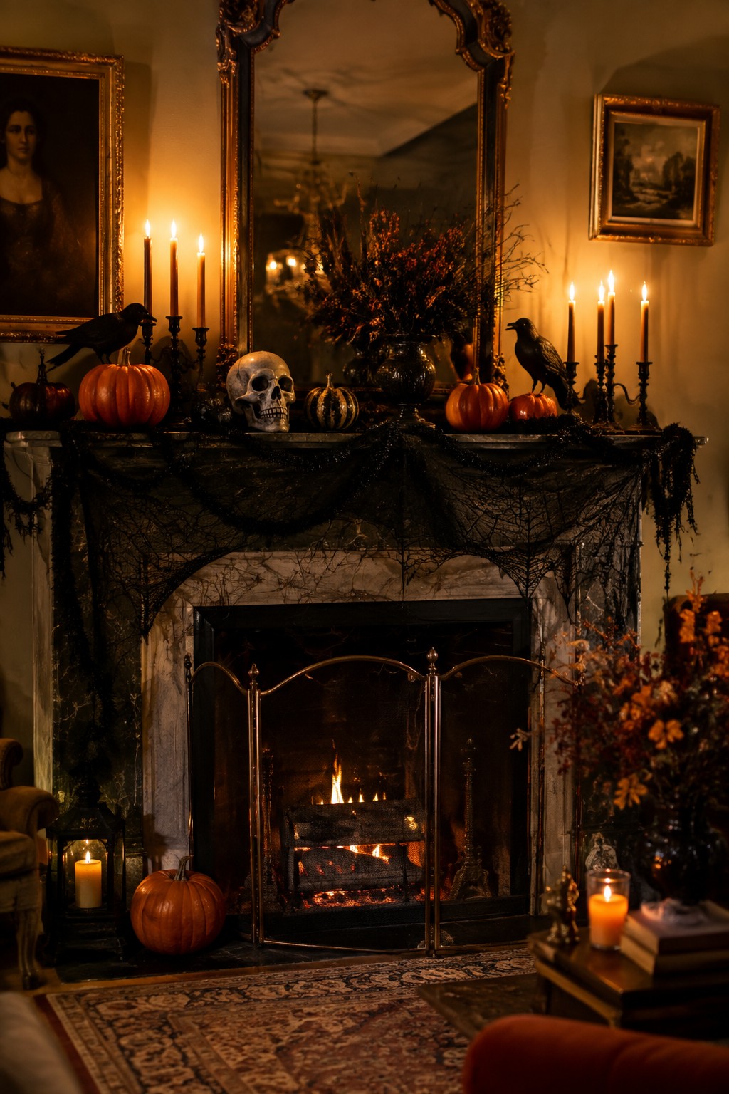 Elegant fireplace with burning fire, pumpkins, skull, black crows, and candles