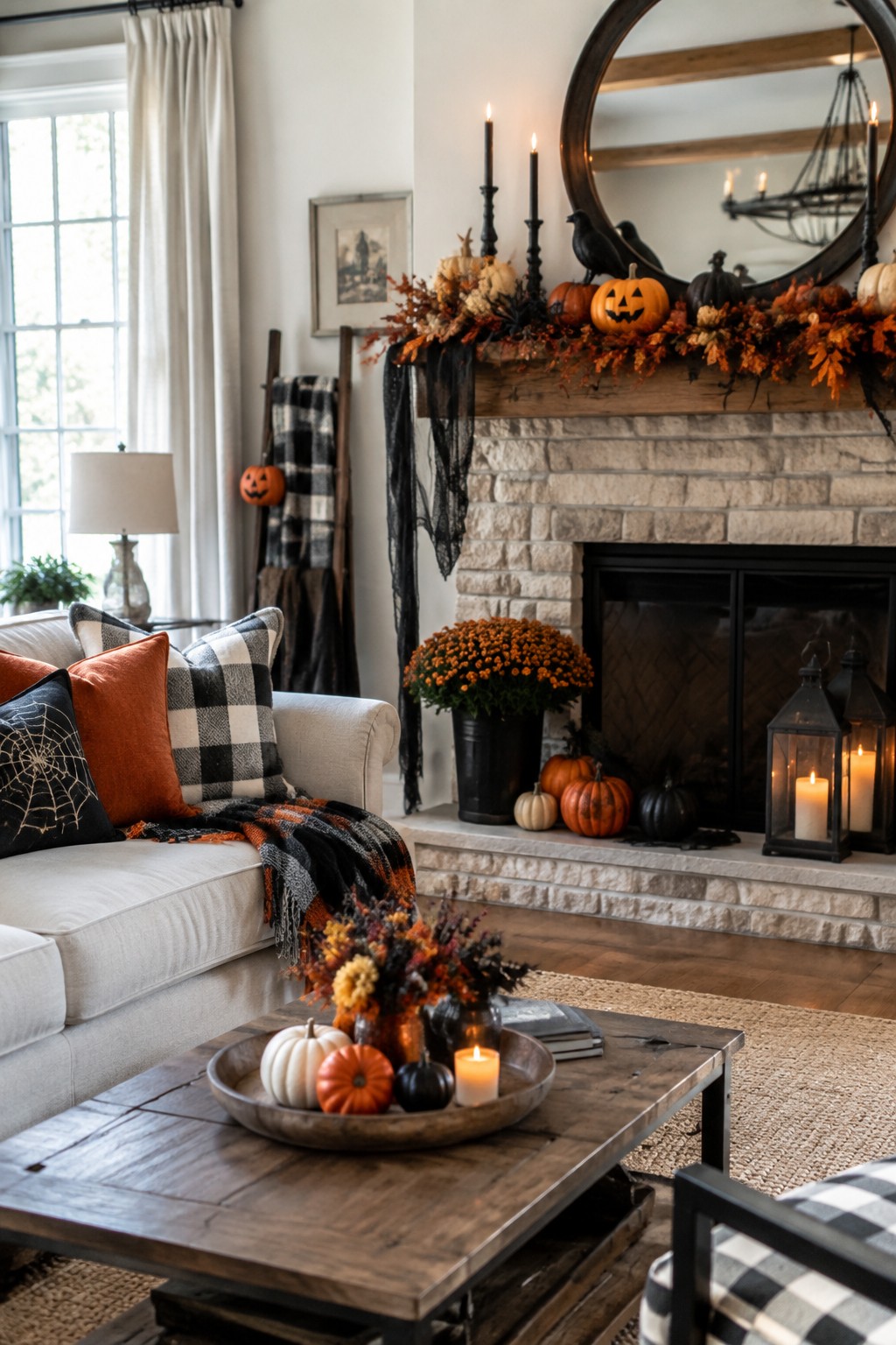 Living room mantel decorated with orange and white pumpkins, a fall leaf garland, black crows, and tall black candles.