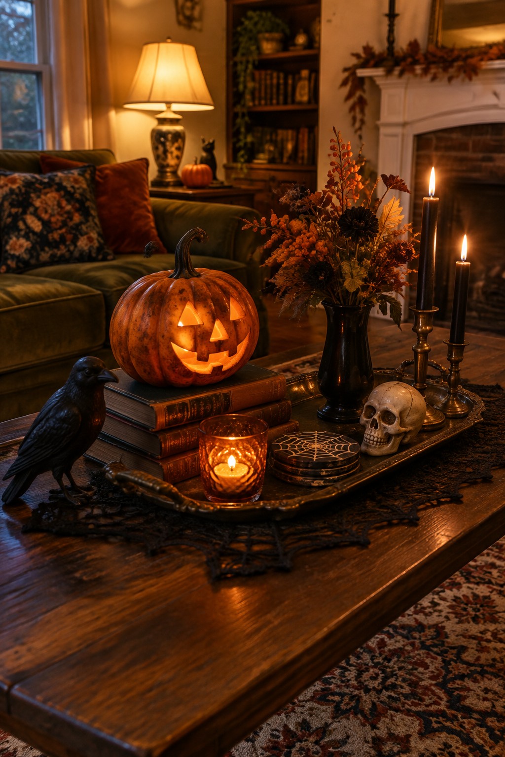 Glowing jack-o'-lantern on books with skull, crow, and lit candles on wooden table