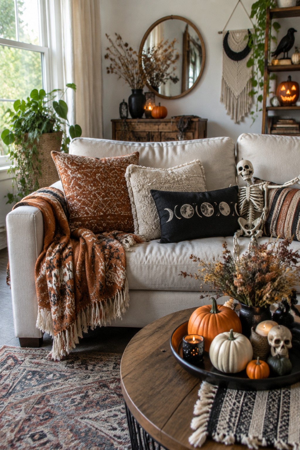 Cozy autumn living room with white sofa, moon pillow, skeleton, and pumpkins.