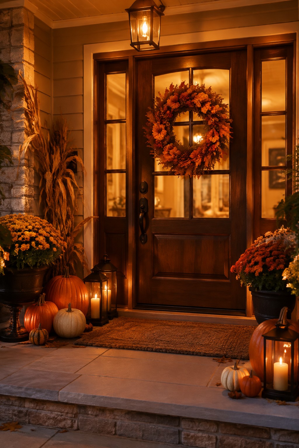 Front porch entry with a dark wood door, an autumn wreath, and clusters of orange and white pumpkins arranged with lit lanterns on the stone steps.
