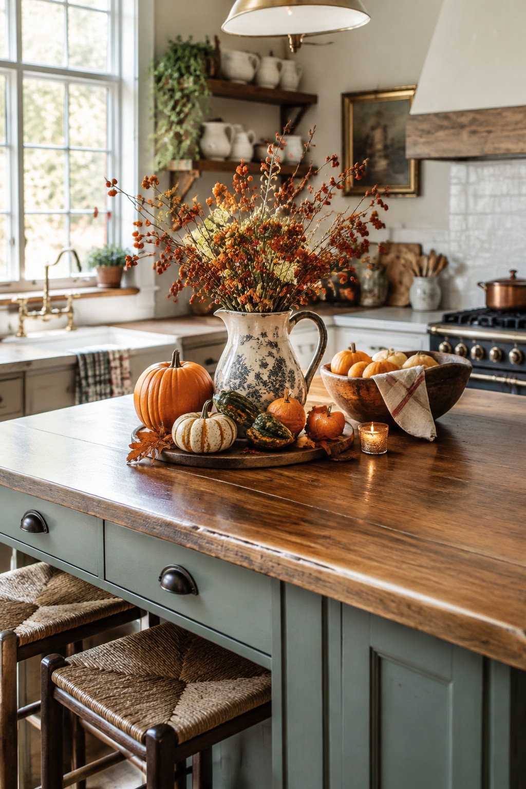 Kitchen island topped with a round wooden tray holding assorted small pumpkins and gourds beside a large ceramic pitcher and a bowl of pumpkins.