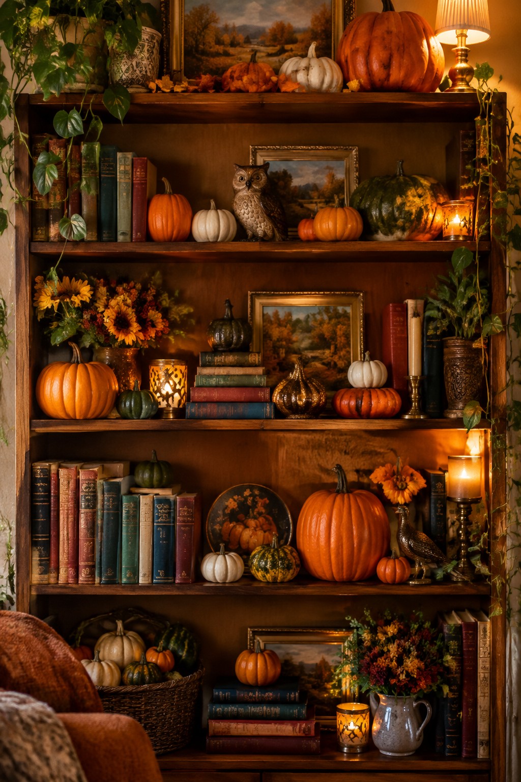 Wooden built-in shelves styled with pumpkins in orange, white, and green alongside books, candles, and autumn flowers.