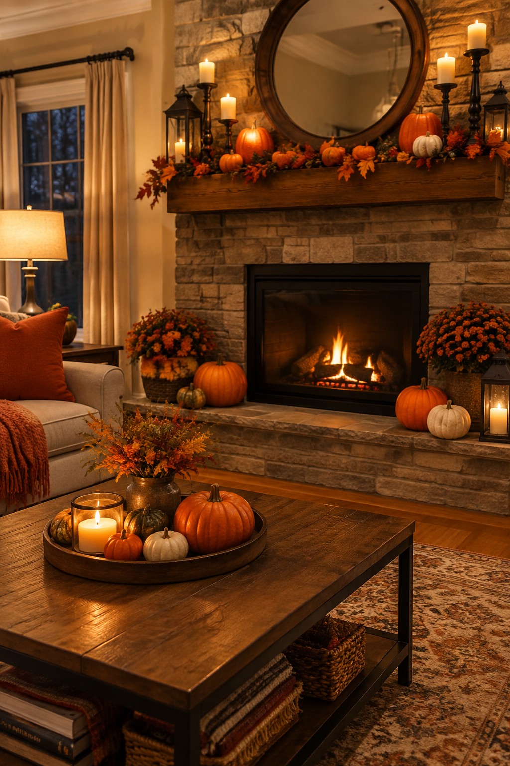 Living room mantel lined with small pumpkins, candles, and autumn leaves above a lit fireplace, with a matching pumpkin tray on the coffee table.