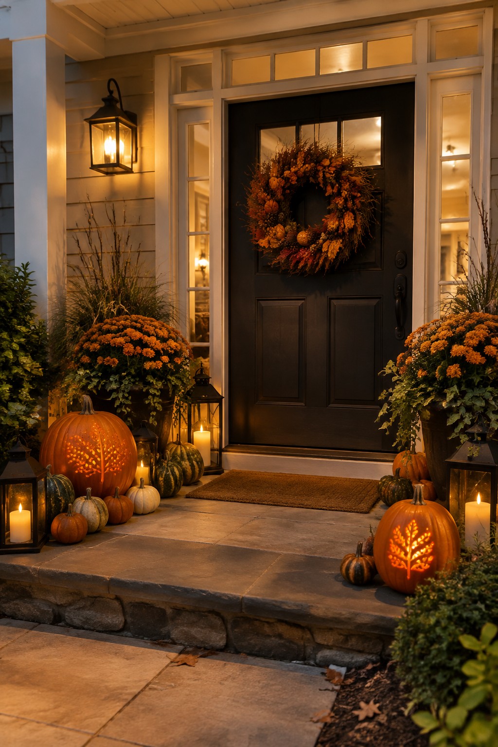 Front door entry with several carved and glowing jack o lanterns, smaller pumpkins, lanterns, and a fall wreath on a dark door.