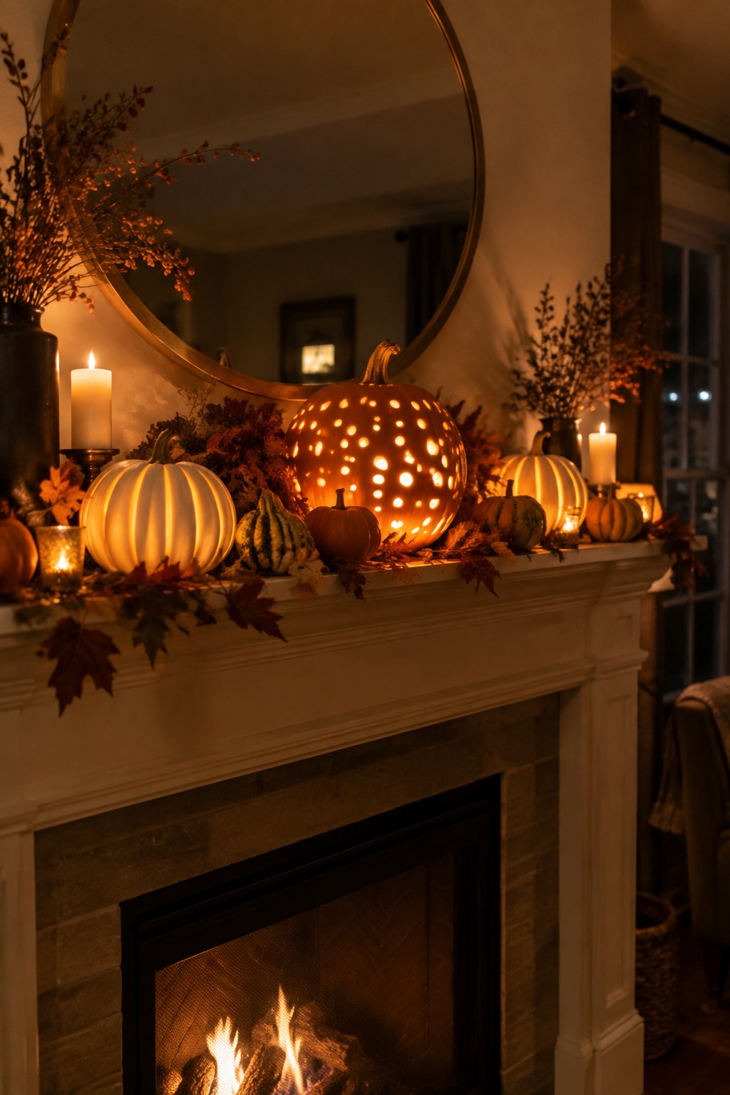 White fireplace mantel with a large glowing carved pumpkin, smaller white and orange pumpkins, autumn leaves, and candles arranged across the top.