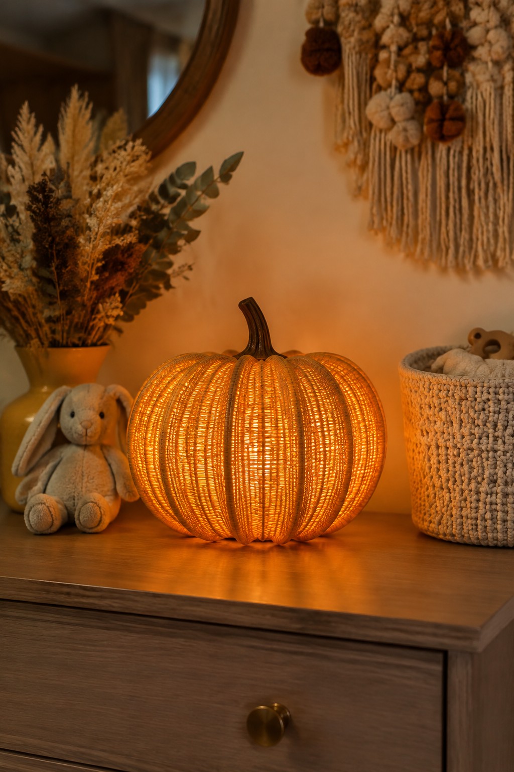 A glowing ribbed pumpkin night light sits on a wooden console beside a stuffed bunny and a vase of dried grasses.