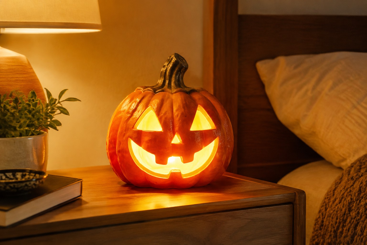A glowing carved pumpkin night light with triangular eyes and a smiling mouth sits on a wooden nightstand next to a bed with white pillows and a brown blanket.