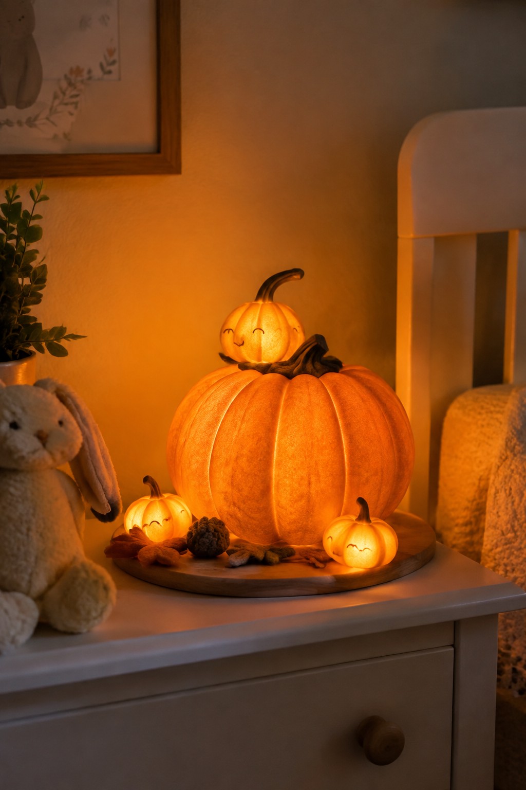 Glowing felt pumpkin lanterns with smiling faces beside a stuffed bunny on a dresser