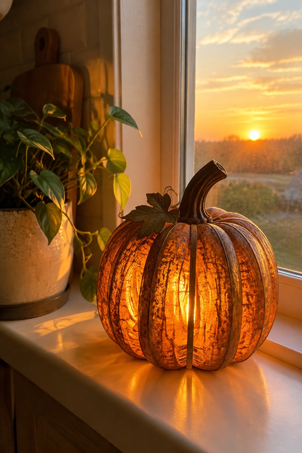 A lit pumpkin lantern with a rustic finish sits on a white kitchen windowsill beside a potted plant, with wooden cutting boards visible in the background.