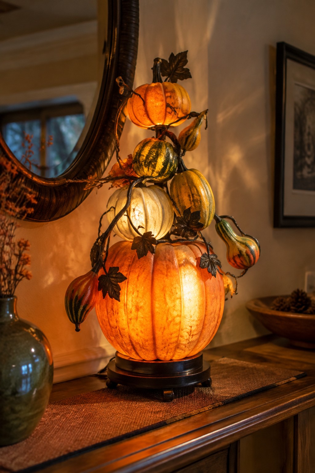 A stacked pumpkin lamp made of several illuminated orange and striped gourds with dark leaves sits on a wooden console table beside a round mirror.