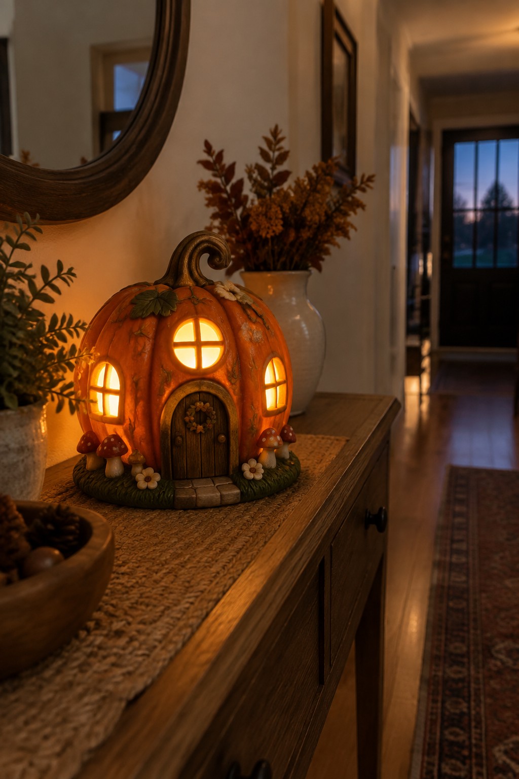 Lit pumpkin fairy house with glowing windows on wooden table amid autumn decor