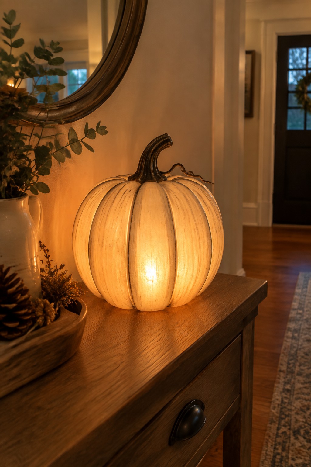 White pumpkin night light glowing on a wooden console table beside a mirror and a vase with greenery.