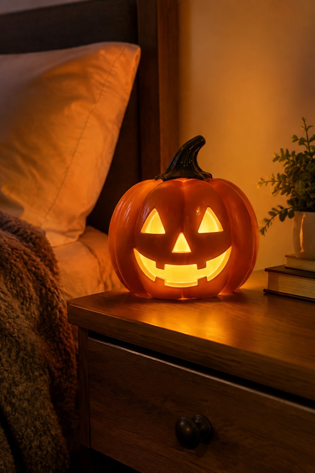 A glowing carved pumpkin night light with triangular eyes and a smiling mouth sits on a wooden nightstand next to a bed with white pillows and a brown blanket.