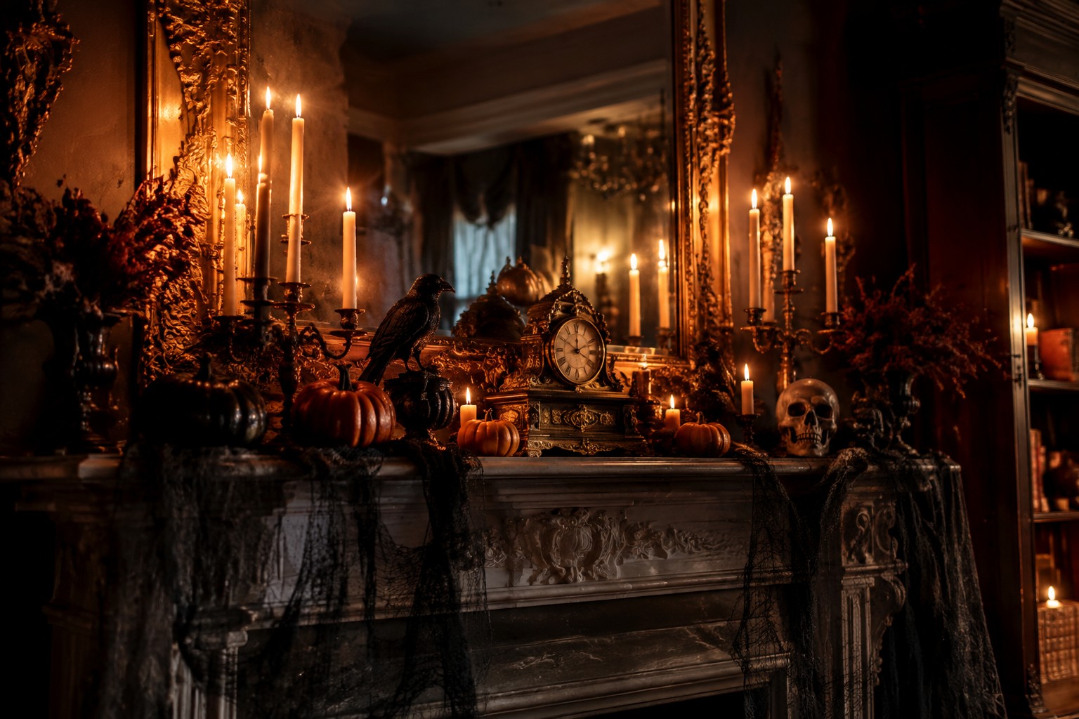 Ornate antique mirror above a dark fireplace mantel styled with a human skull, black crow, candles, small pumpkins, and dried leaf garland.