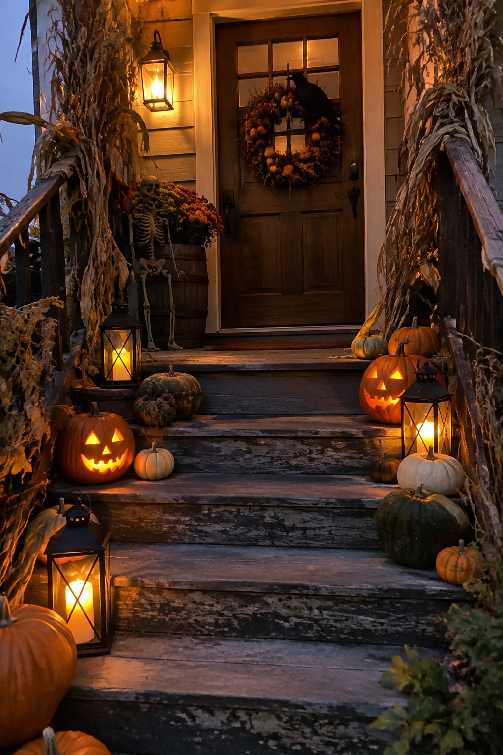 Wooden front porch steps lined with carved lit jack-o'-lanterns, black lanterns, and pumpkins leading to a door with a wreath and crow.