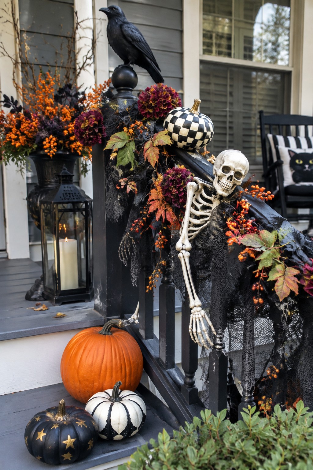 Halloween porch with skeleton on railing, black raven, pumpkins, and autumn florals.
