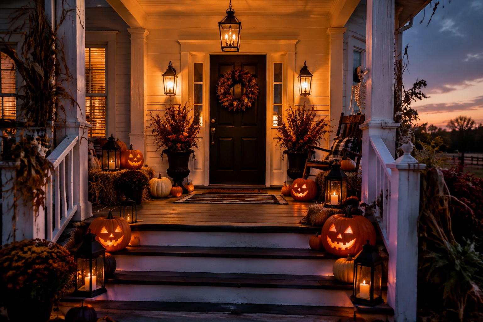 Skeleton in witch hat on porch amid pumpkins, lanterns, and autumn flowers at dusk