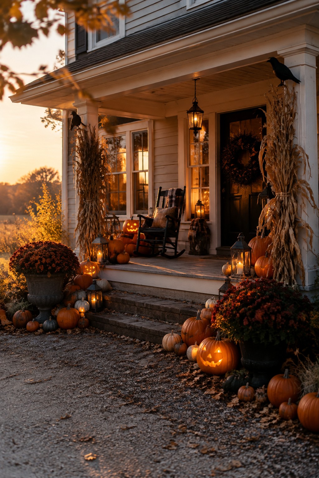 Front porch lined with carved jack o lanterns, crows perched on the posts, corn stalks, and lanterns at sunset.